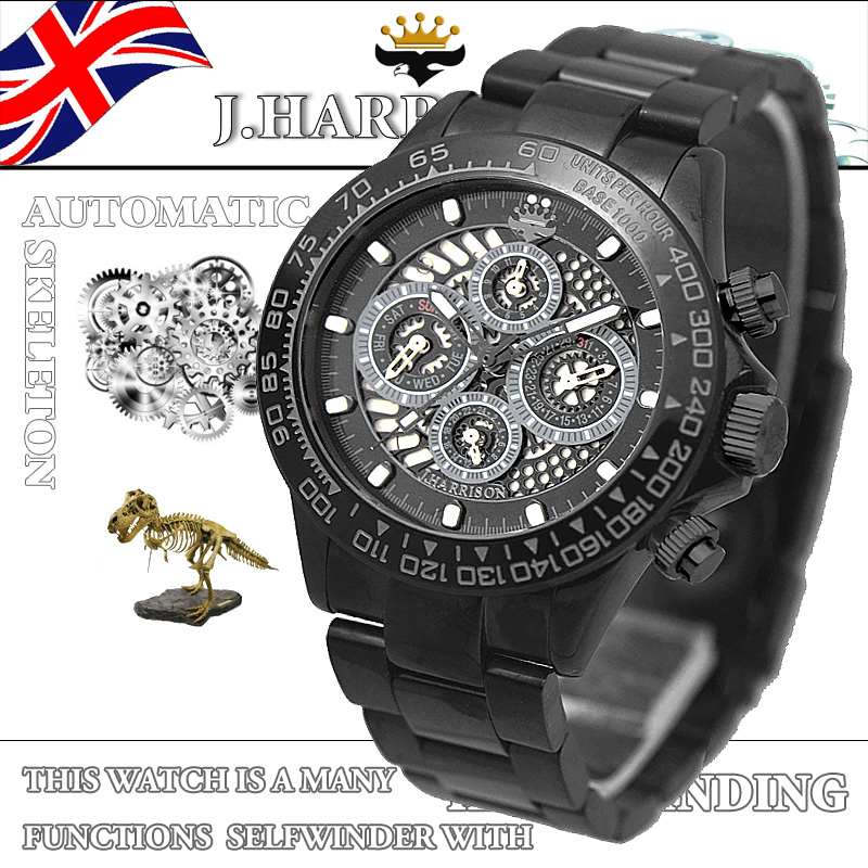 J.H-002BKBK-Ⅰ・機械式・多機能付セミスケルトン時計