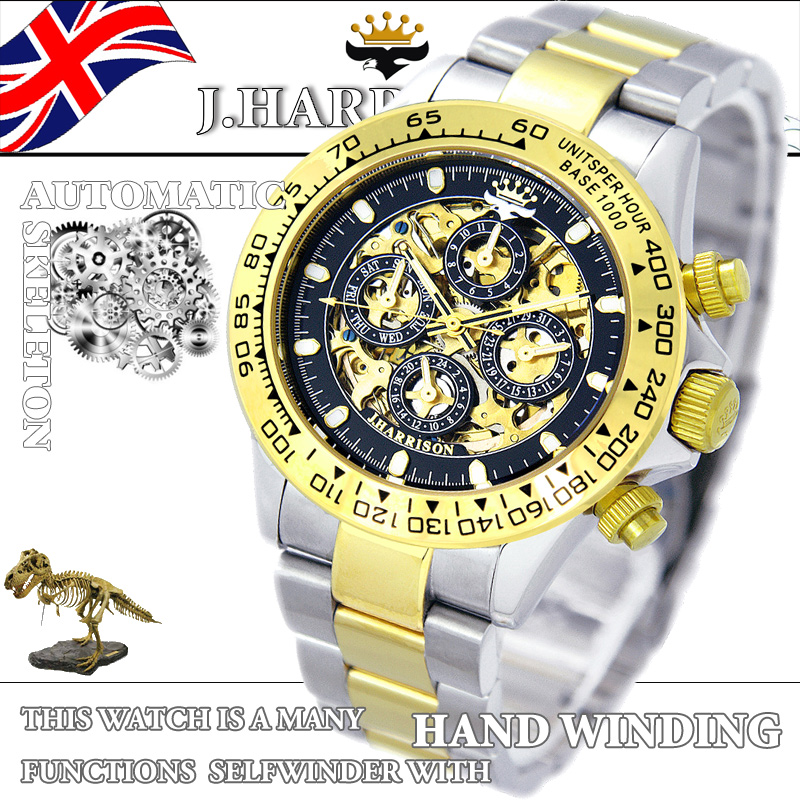 J.H-003GB・機械式・多機能両面スケルトン時計