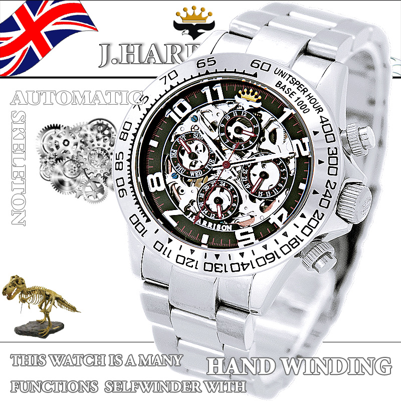 J.H-003RB・機械式・多機能両面スケルトン時計