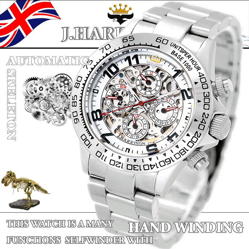 J.H-003SW・機械式・多機能両面スケルトン時計